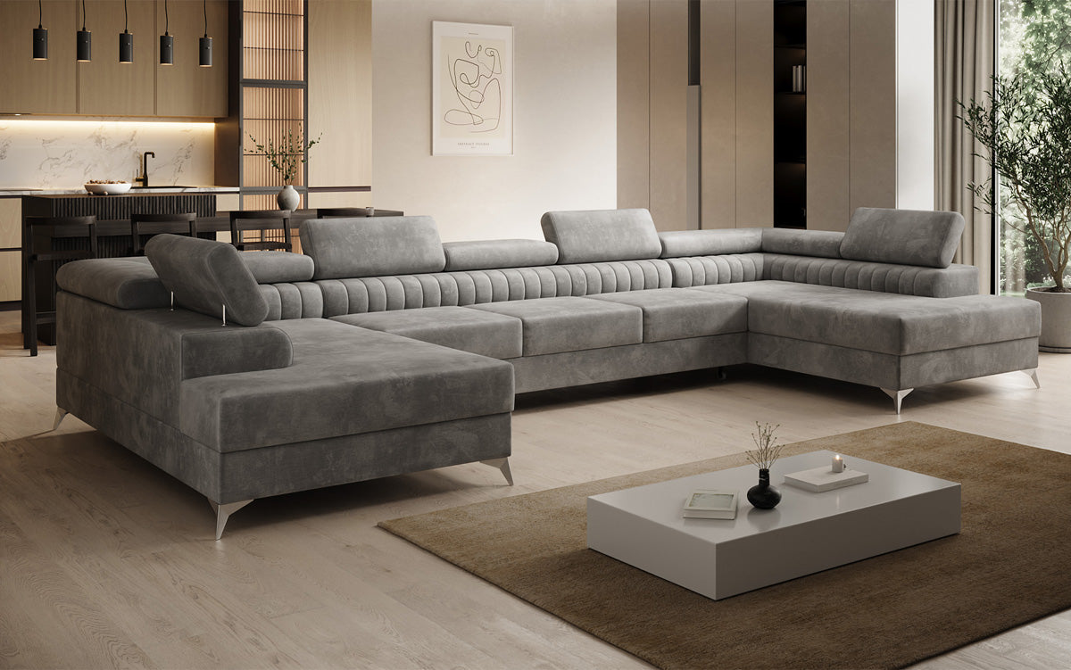 Designer Sofa Aurea U XXL mit Schlaf- und Klappfunktion in Samt