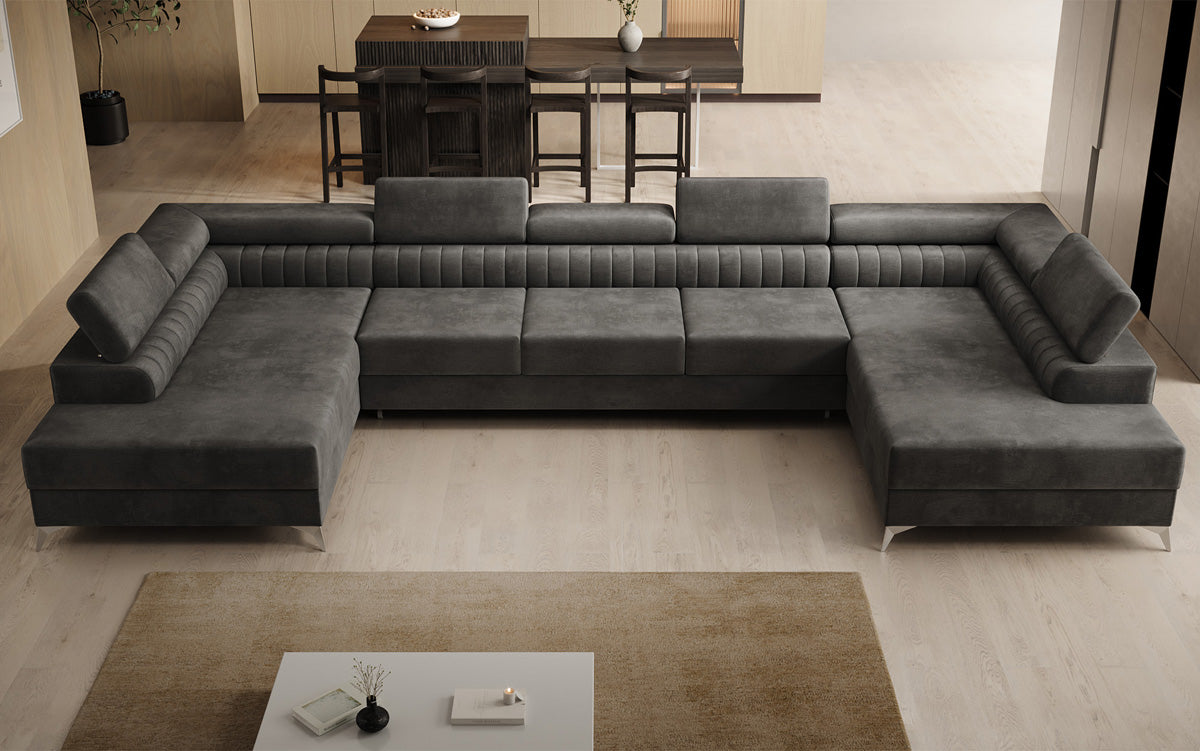 Designer Sofa Aurea U XXL mit Schlaf- und Klappfunktion in Samt