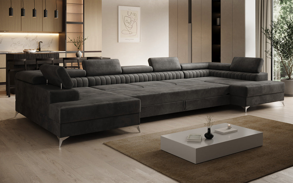 Designer Sofa Aurea U XXL mit Schlaf- und Klappfunktion in Samt