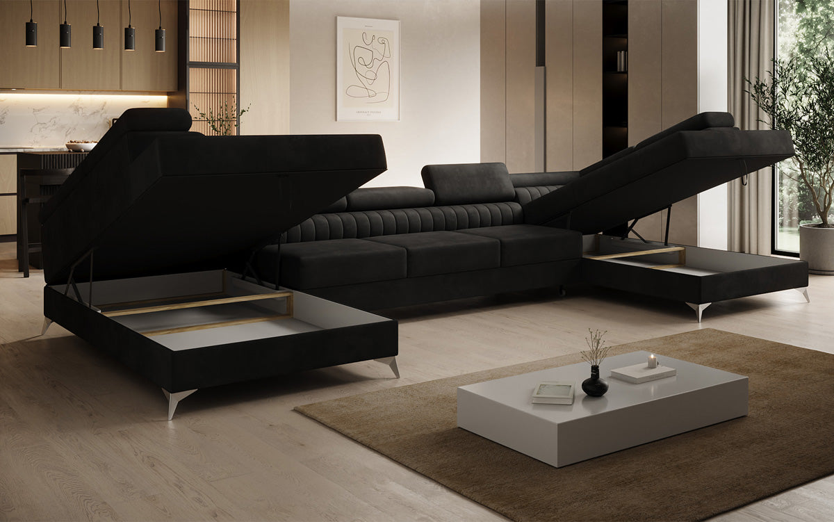 Designer Sofa Aurea U XXL mit Schlaf- und Klappfunktion in Samt