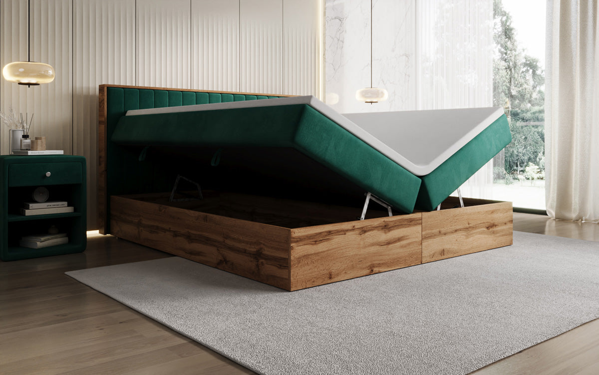 Lit boxspring Timber Line avec espace de rangement en Velours