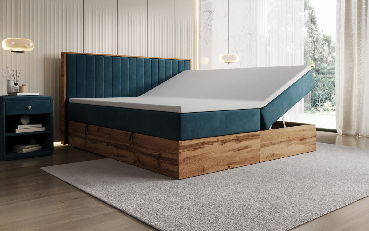 Lit boxspring Timber Line avec espace de rangement en Velours