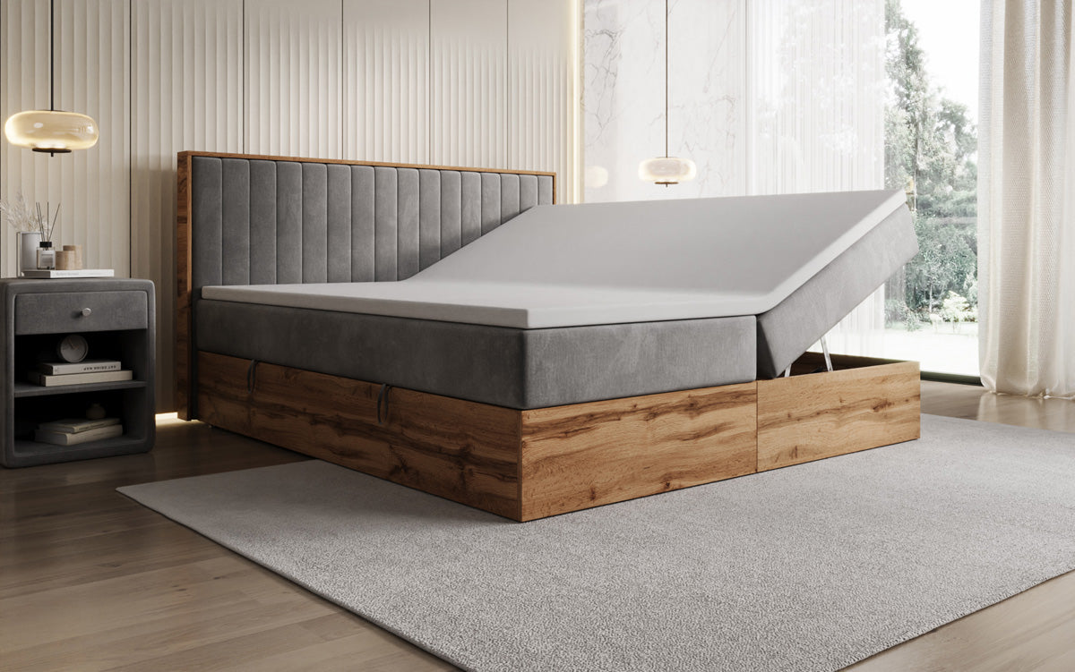 Lit boxspring Timber Line avec espace de rangement en Velours