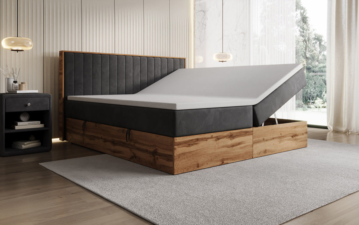 Lit boxspring Timber Line avec espace de rangement en Velours