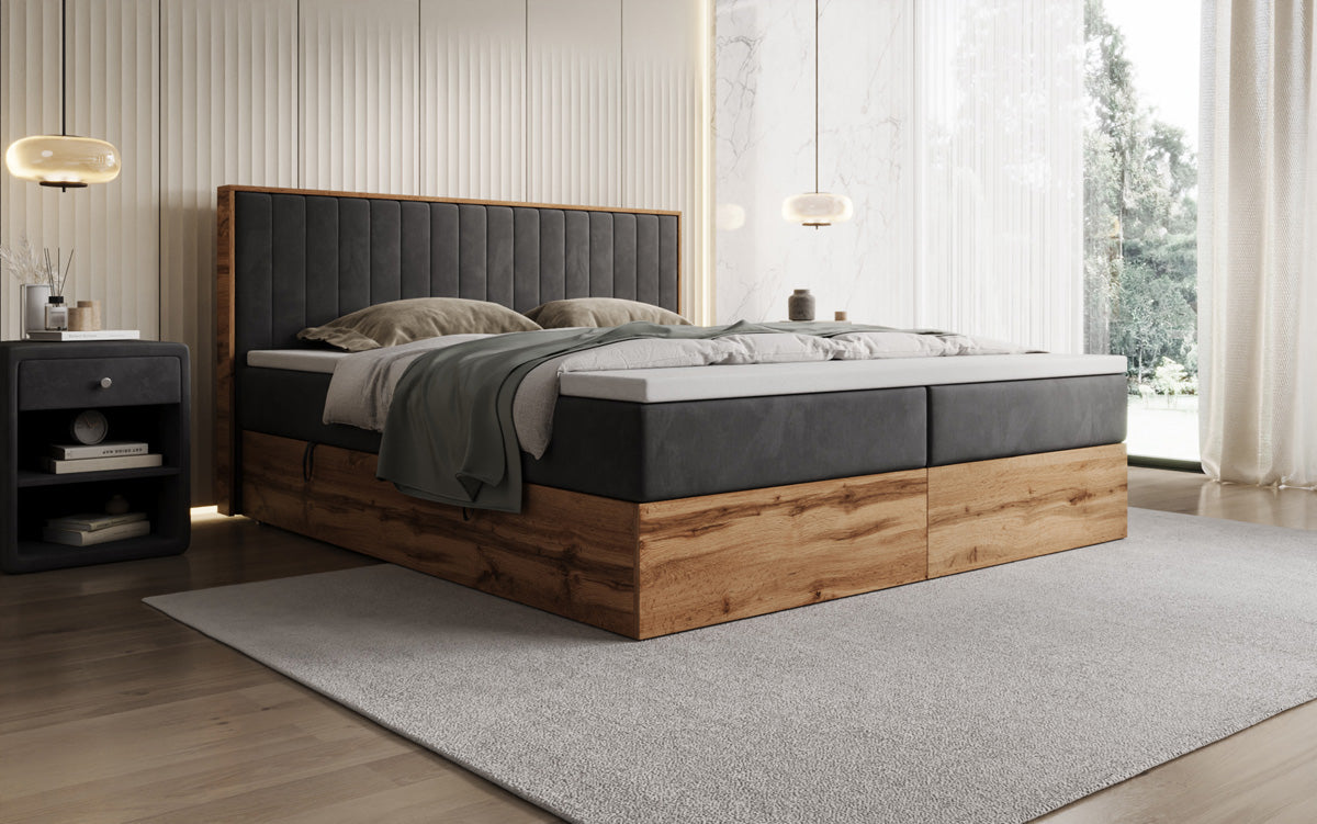 Lit boxspring Timber Line avec espace de rangement en Velours