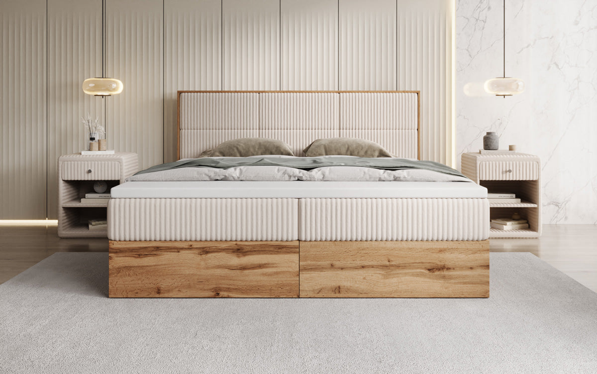 Lit boxspring Timber Panel en Côtelé avec espace de rangement