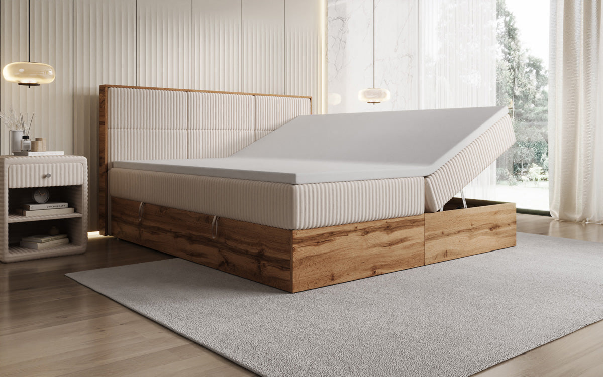 Lit boxspring Timber Panel en Côtelé avec espace de rangement