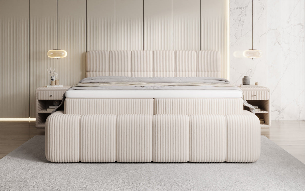 Lit boxspring Bombo en Côtelé avec espace de rangement