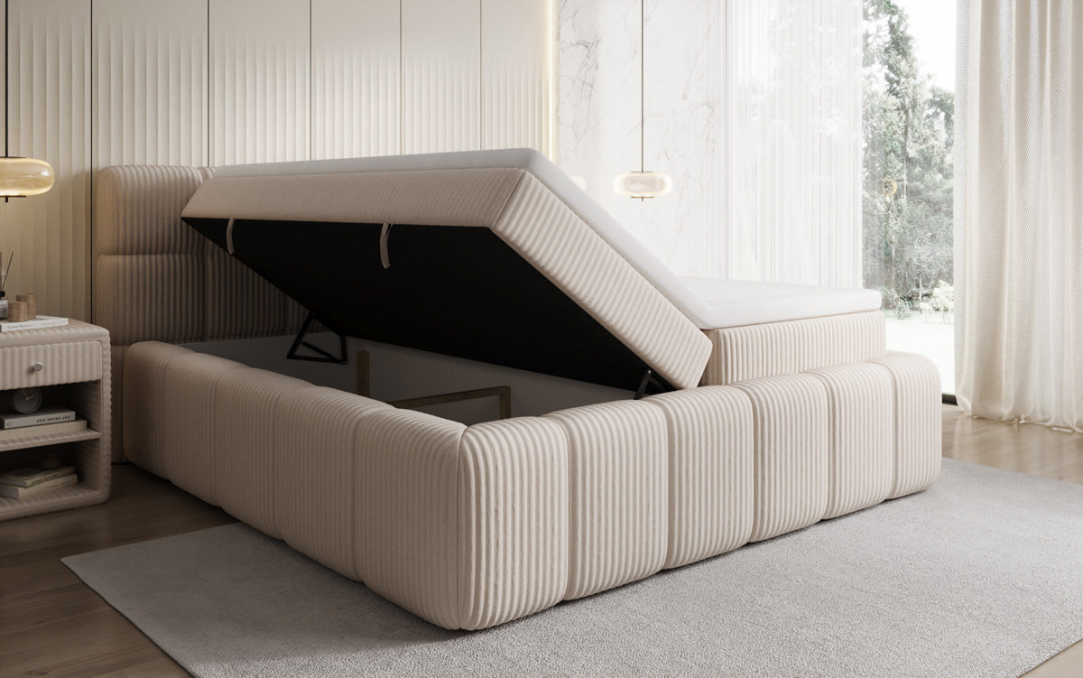 Lit boxspring Bombo en Côtelé avec espace de rangement