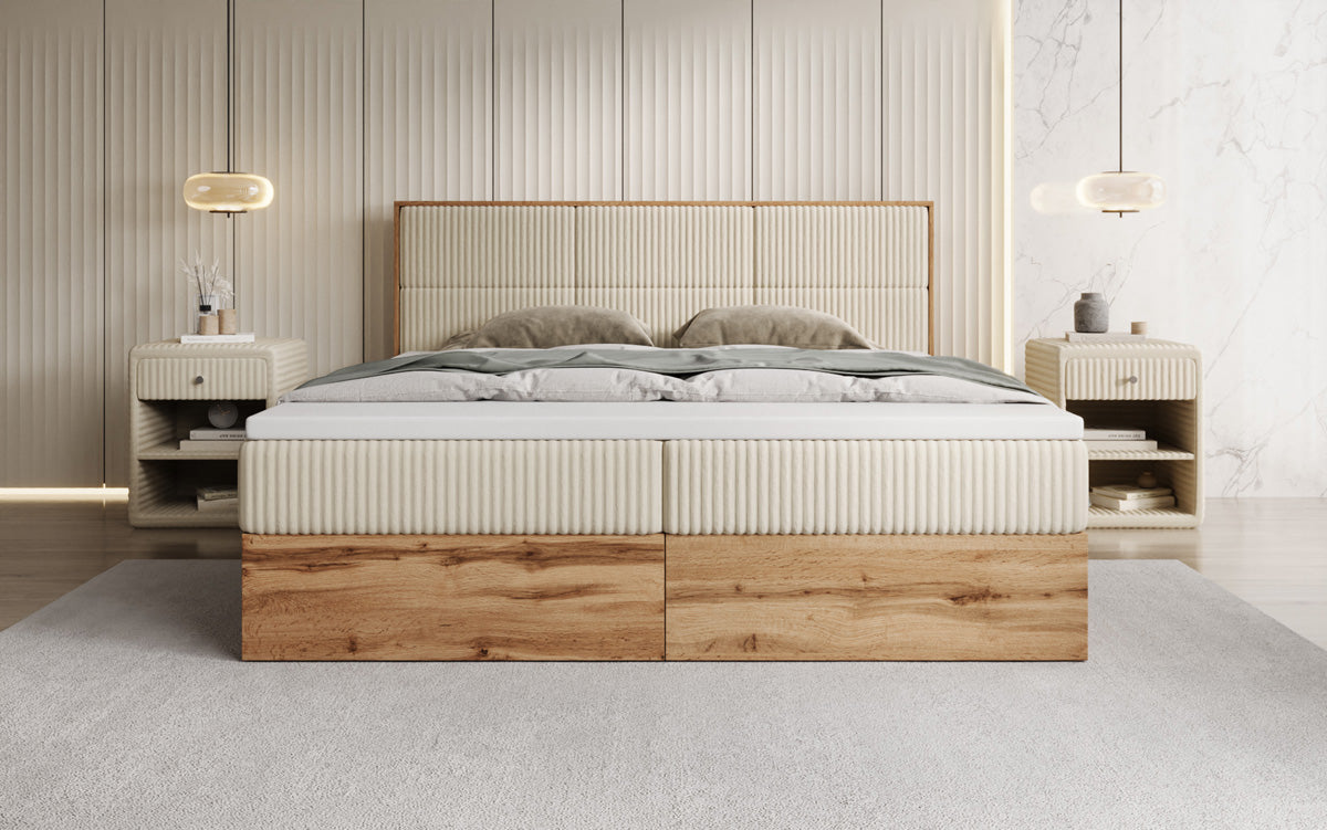 Lit boxspring Timber Panel en Côtelé avec espace de rangement