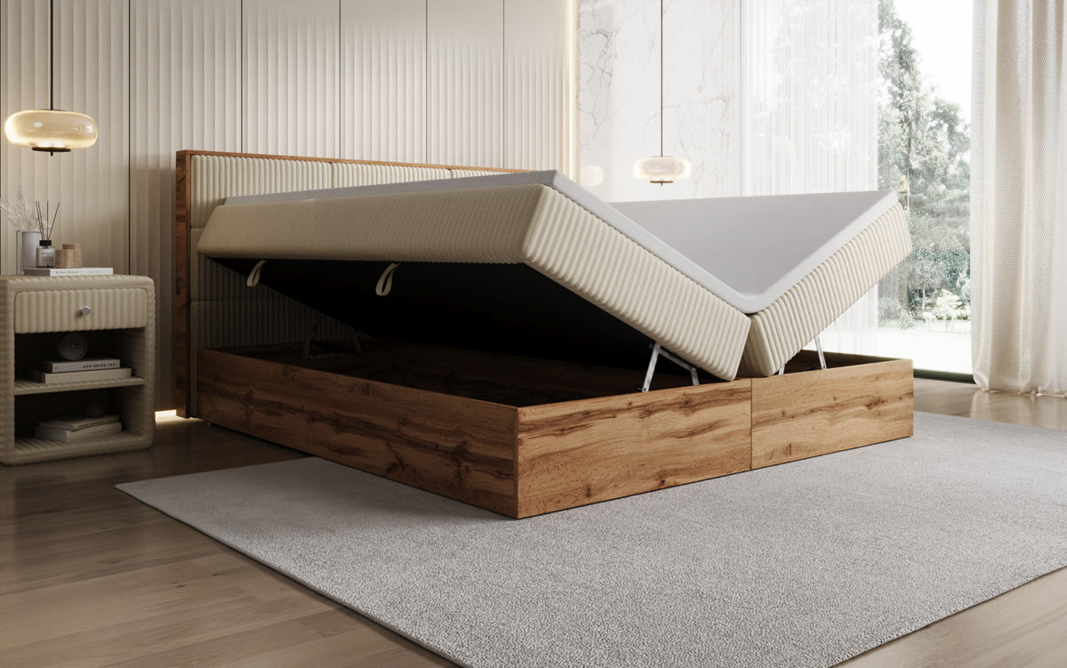 Lit boxspring Timber Panel en Côtelé avec espace de rangement