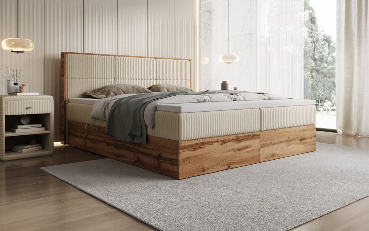 Lit boxspring Timber Panel en Côtelé avec espace de rangement