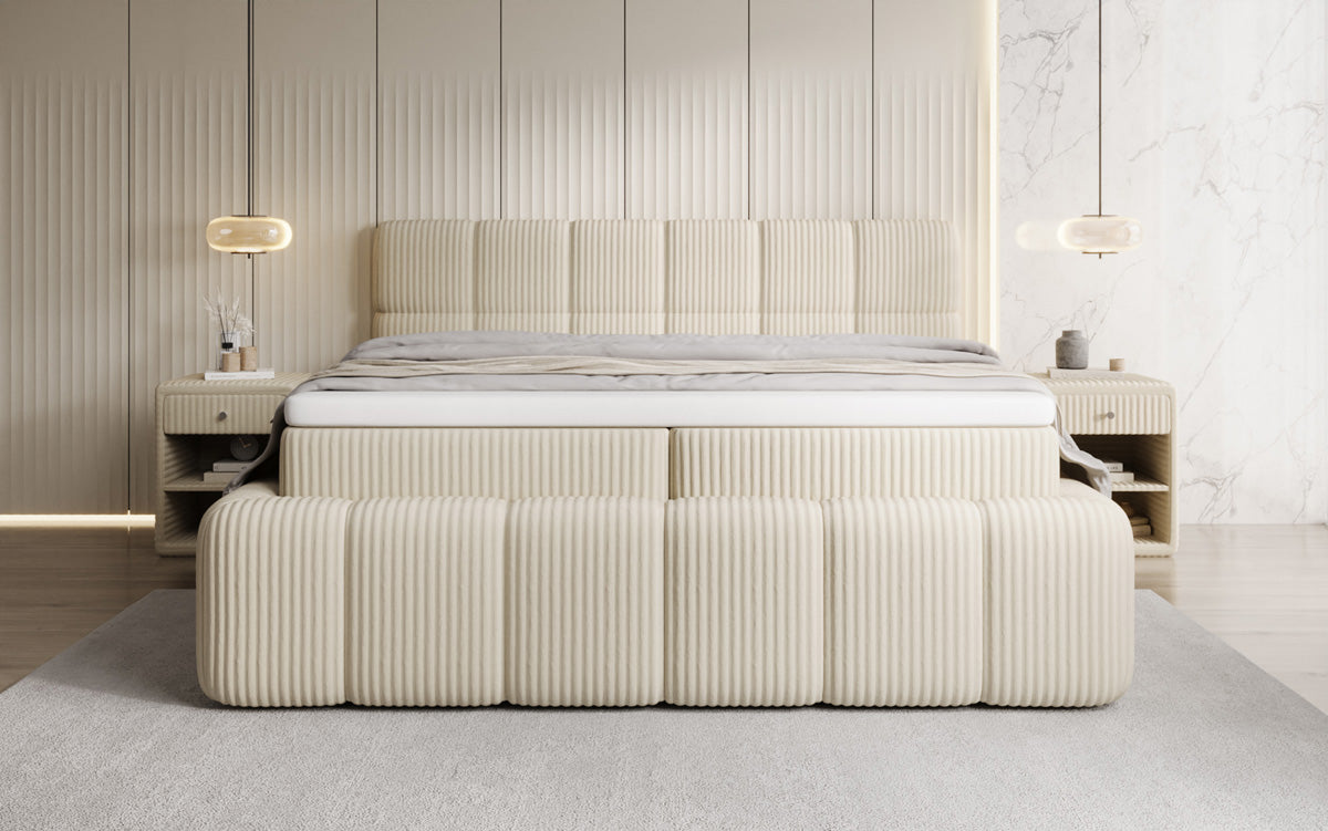 Lit boxspring Bombo en Côtelé avec espace de rangement