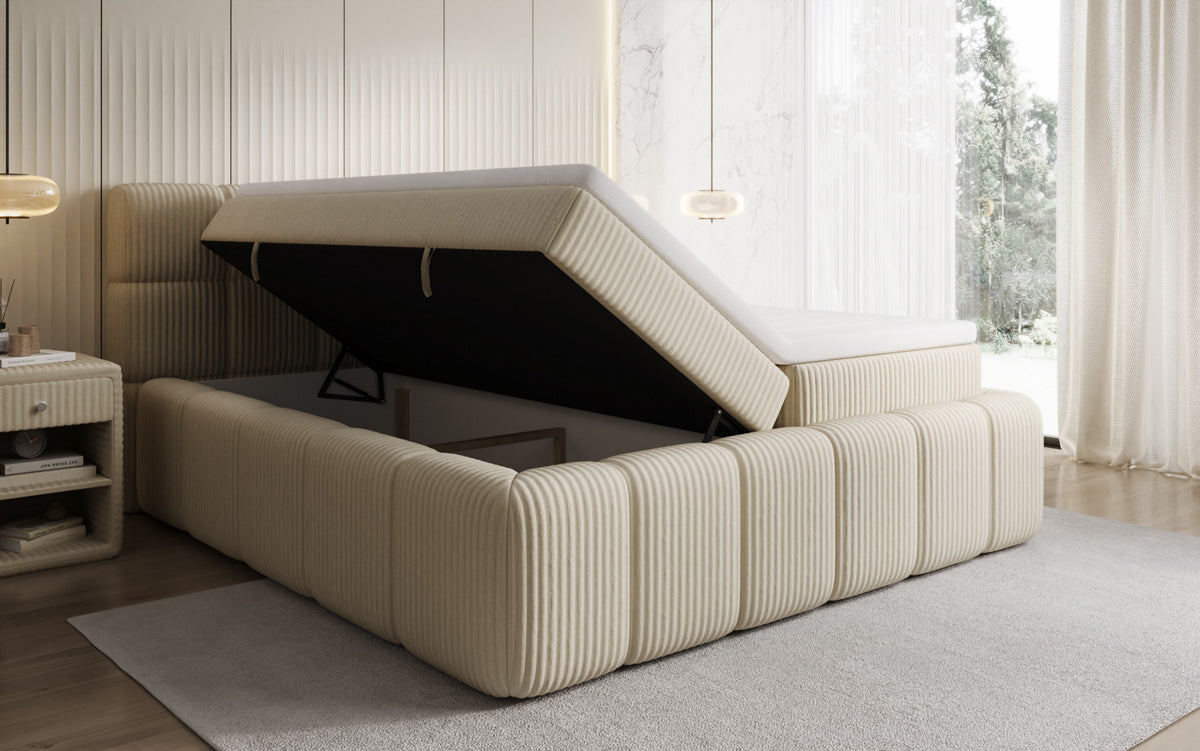 Lit boxspring Bombo en Côtelé avec espace de rangement