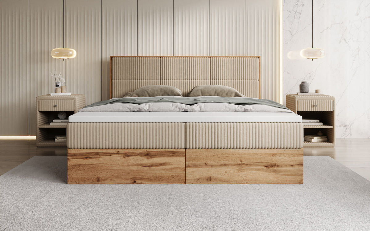Lit boxspring Timber Panel en Côtelé avec espace de rangement