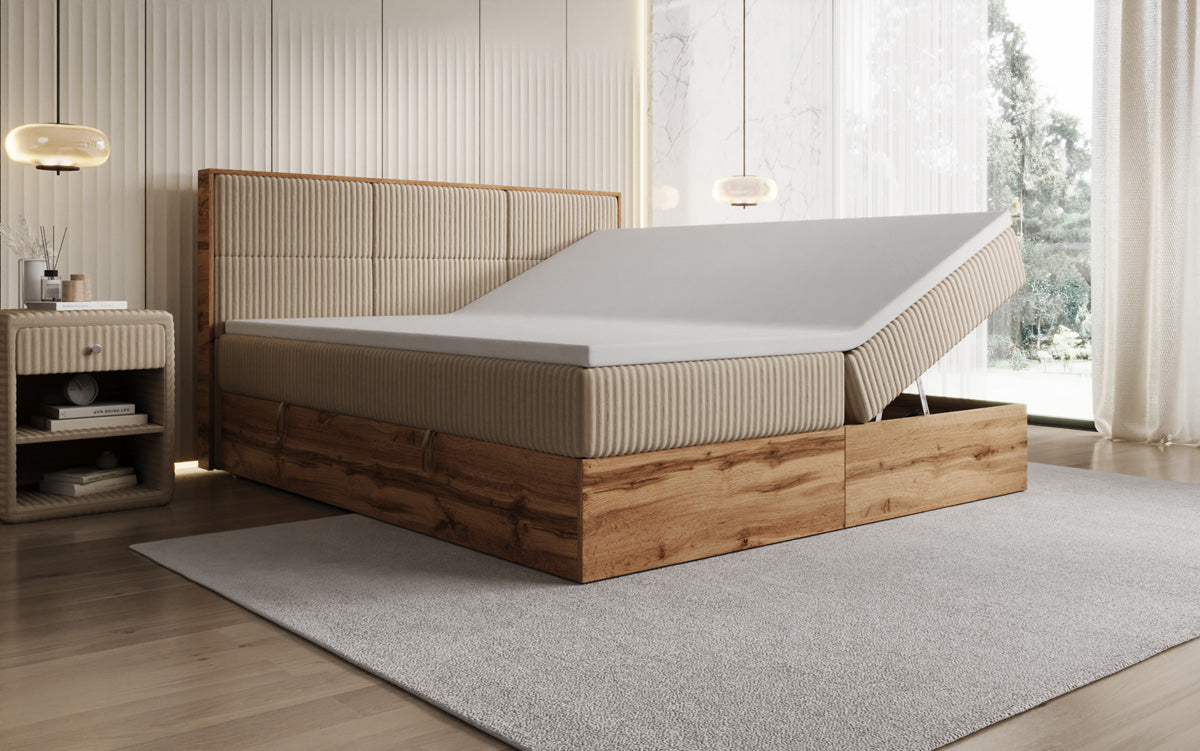 Lit boxspring Timber Panel en Côtelé avec espace de rangement