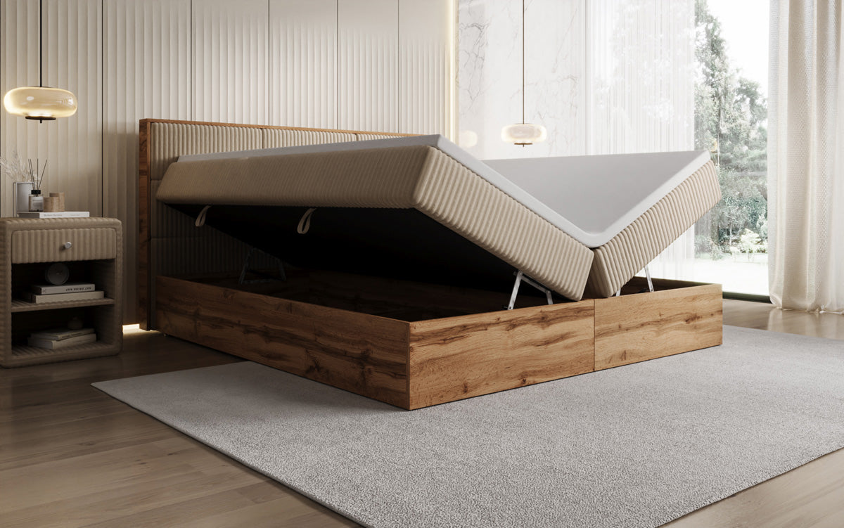 Lit boxspring Timber Panel en Côtelé avec espace de rangement