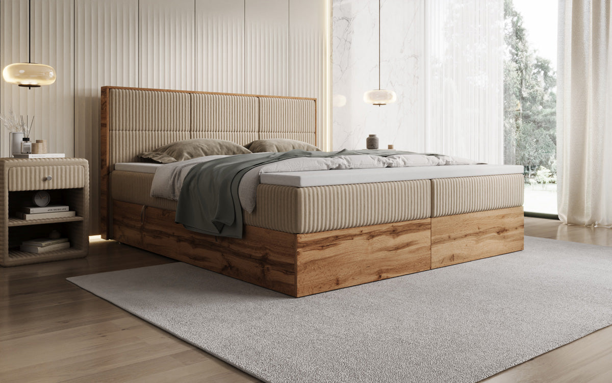 Lit boxspring Timber Panel en Côtelé avec espace de rangement
