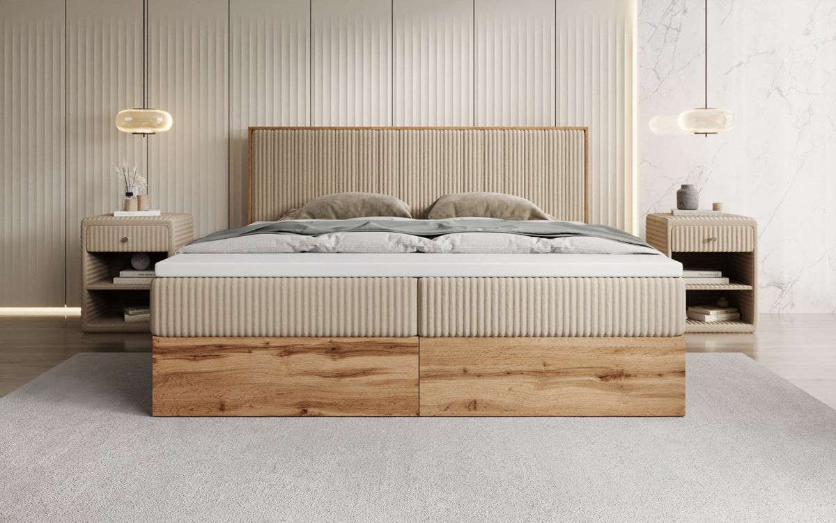 Lit boxspring Timber Line en Côtelé avec espace de rangement