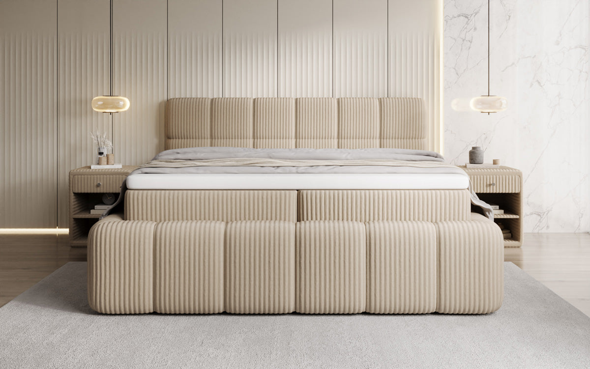 Lit boxspring Bombo en Côtelé avec espace de rangement
