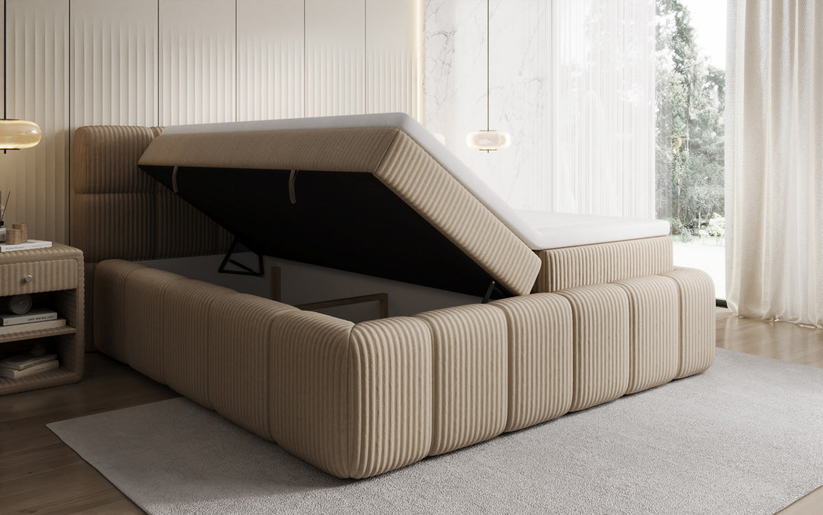 Lit boxspring Bombo en Côtelé avec espace de rangement