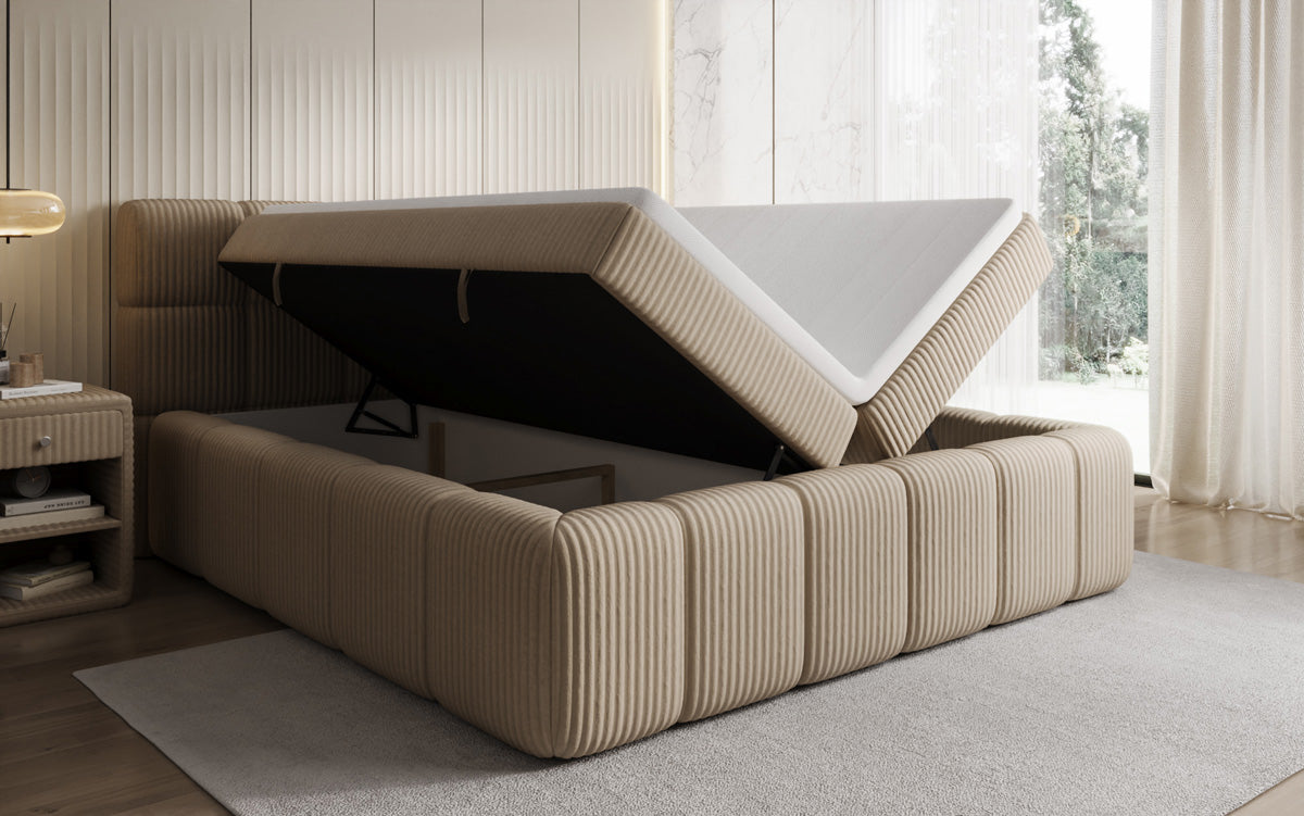 Lit boxspring Bombo en Côtelé avec espace de rangement