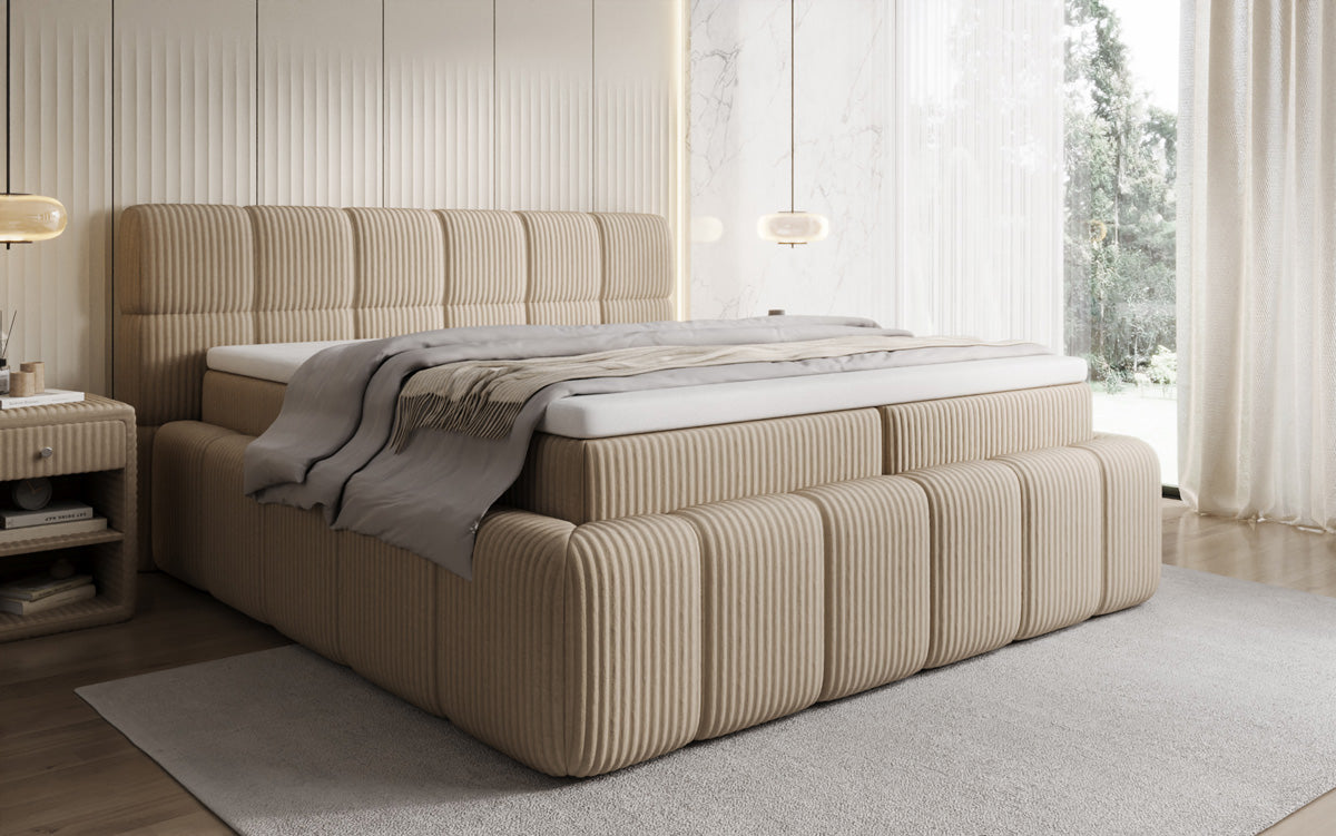 Lit boxspring Bombo en Côtelé avec espace de rangement