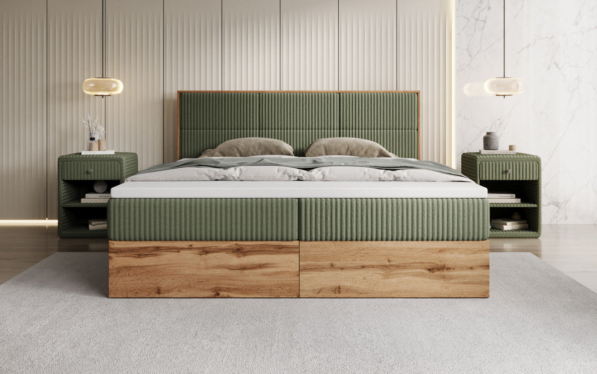 Lit boxspring Timber Panel en Côtelé avec espace de rangement