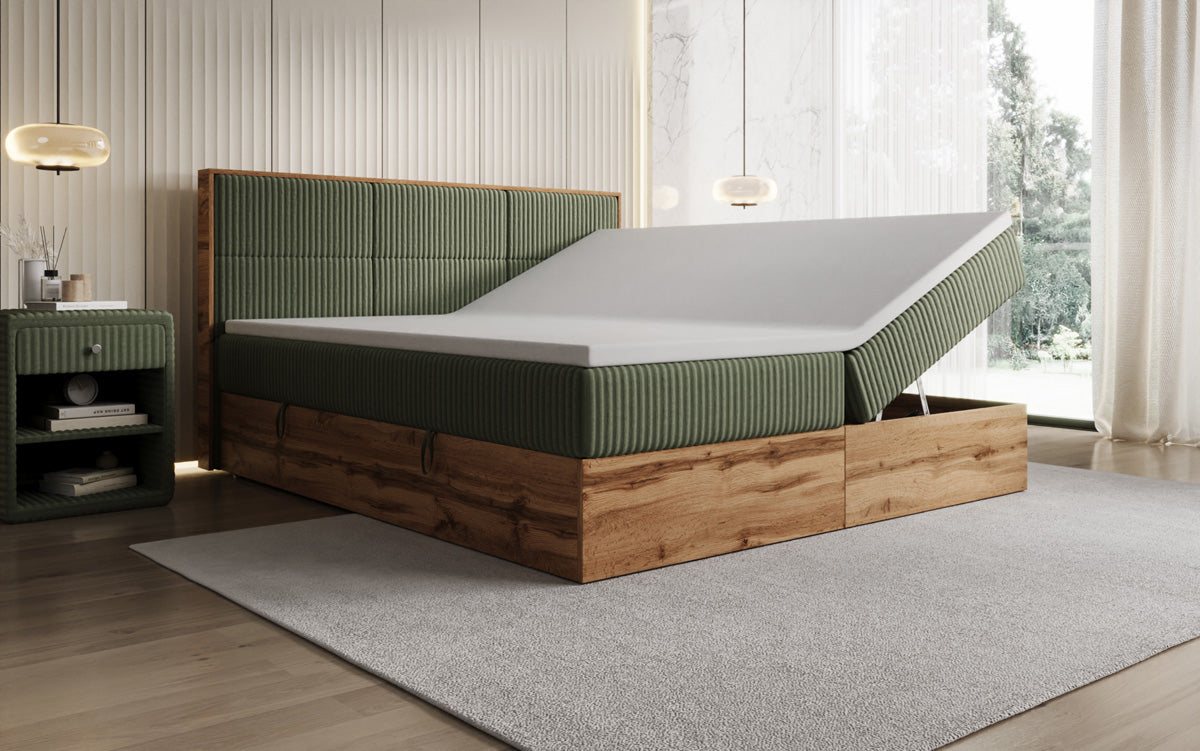 Lit boxspring Timber Panel en Côtelé avec espace de rangement