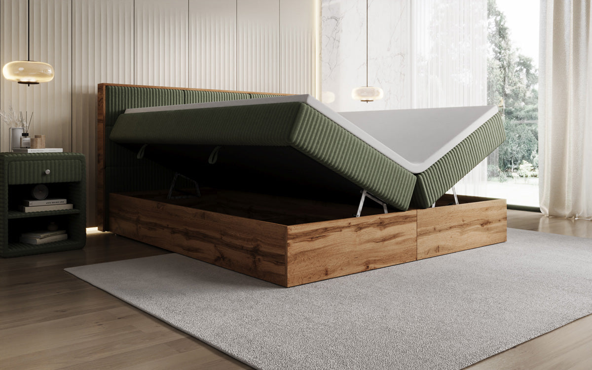 Lit boxspring Timber Panel en Côtelé avec espace de rangement