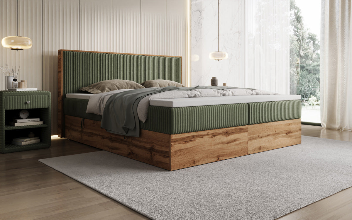 Lit boxspring Timber Line en Côtelé avec espace de rangement