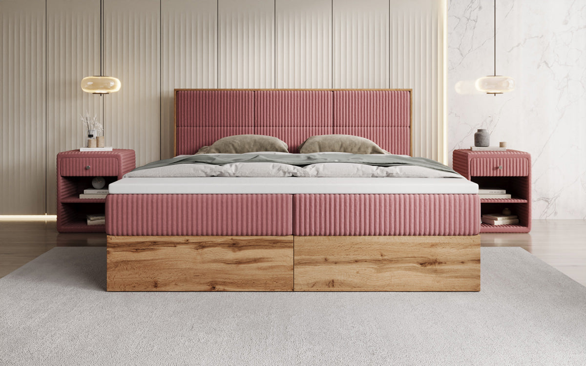 Lit boxspring Timber Panel en Côtelé avec espace de rangement