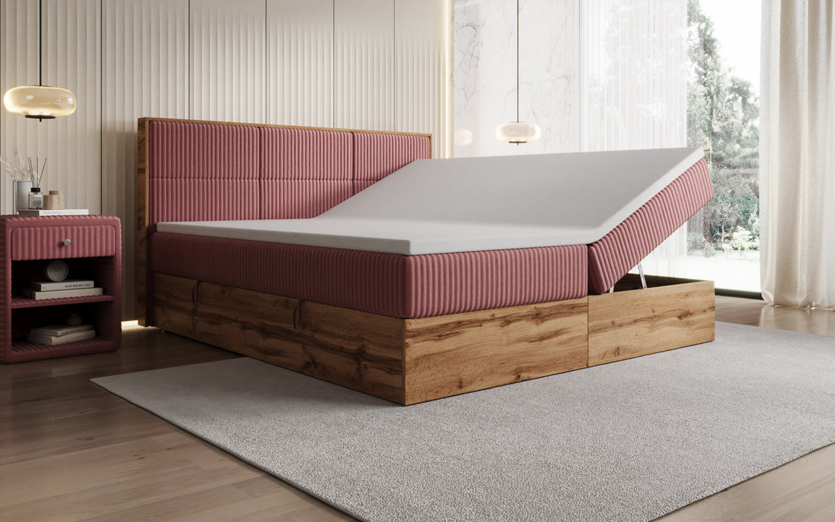 Lit boxspring Timber Panel en Côtelé avec espace de rangement