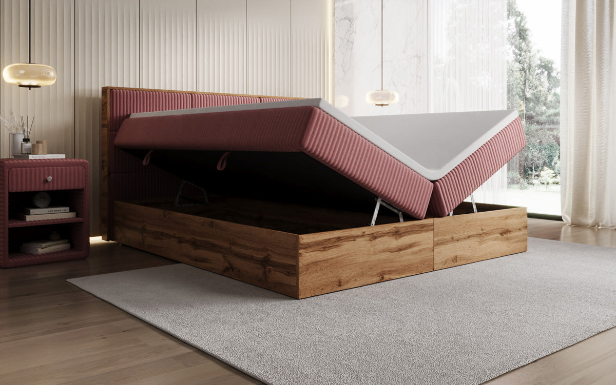 Lit boxspring Timber Panel en Côtelé avec espace de rangement