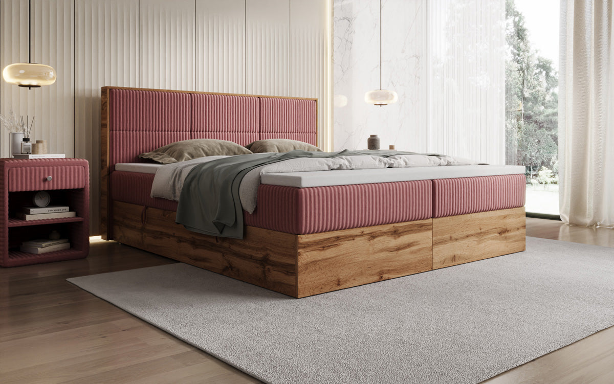 Lit boxspring Timber Panel en Côtelé avec espace de rangement
