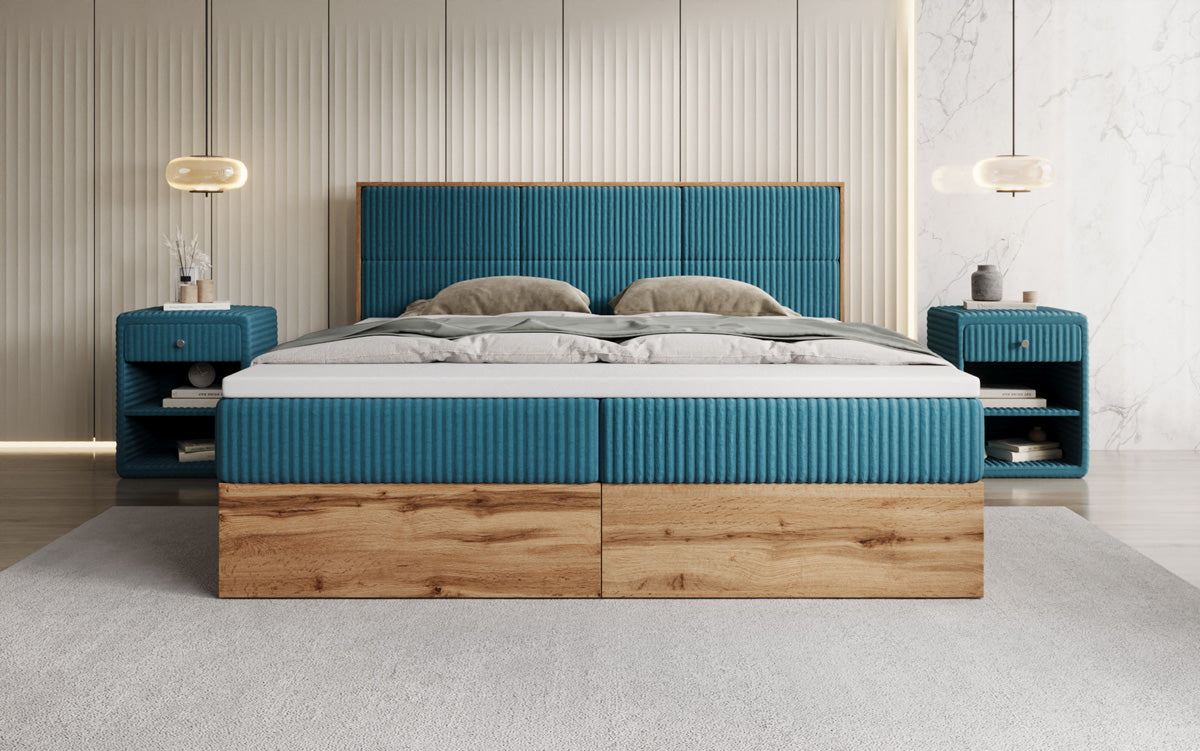 Lit boxspring Timber Panel en Côtelé avec espace de rangement