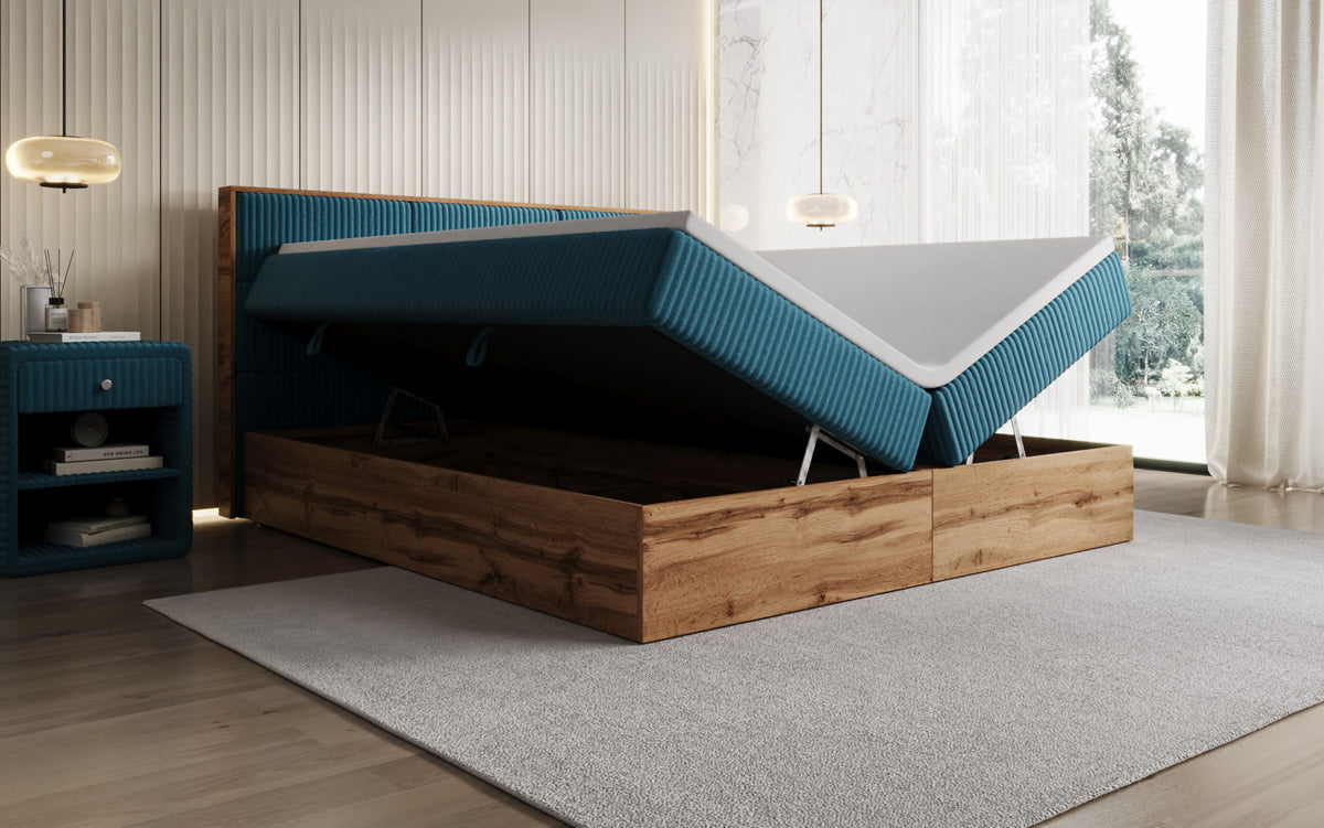 Lit boxspring Timber Panel en Côtelé avec espace de rangement