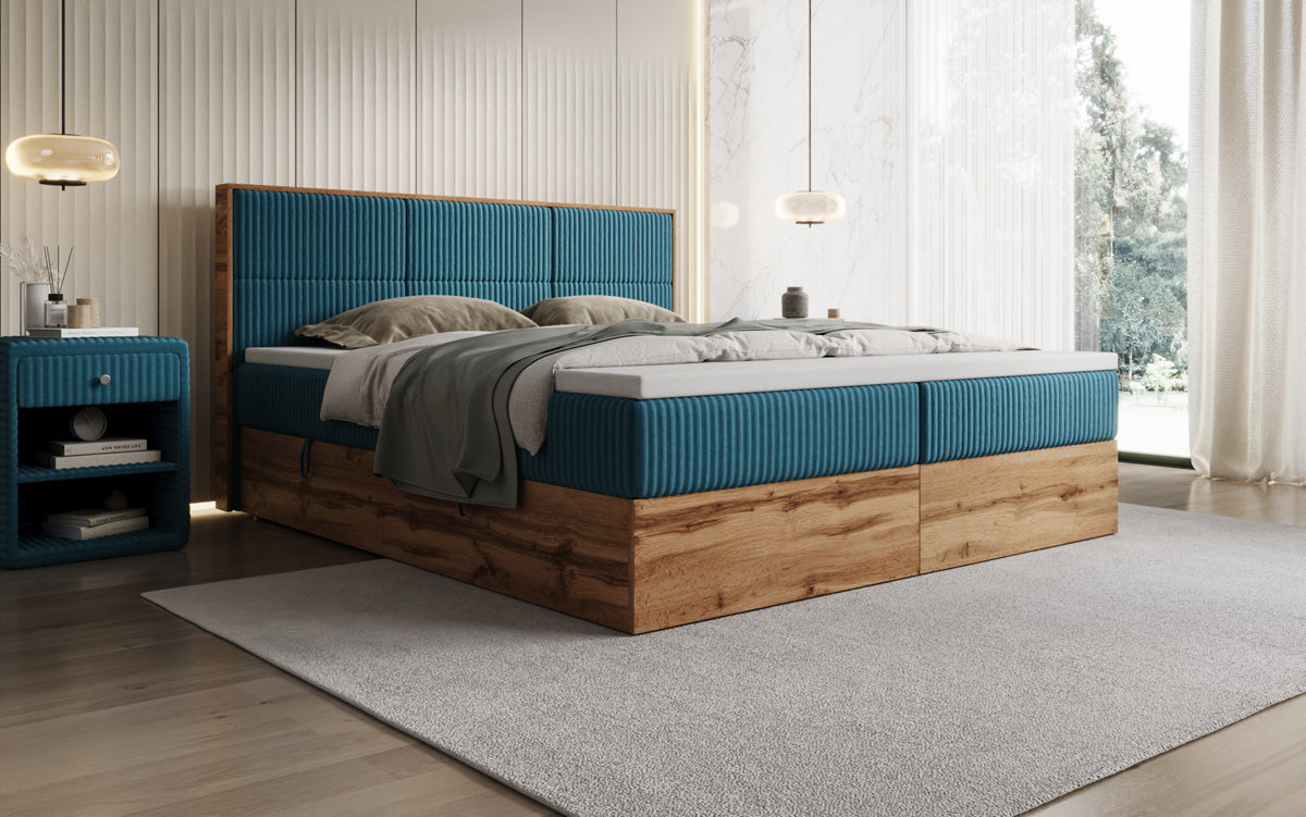 Lit boxspring Timber Panel en Côtelé avec espace de rangement