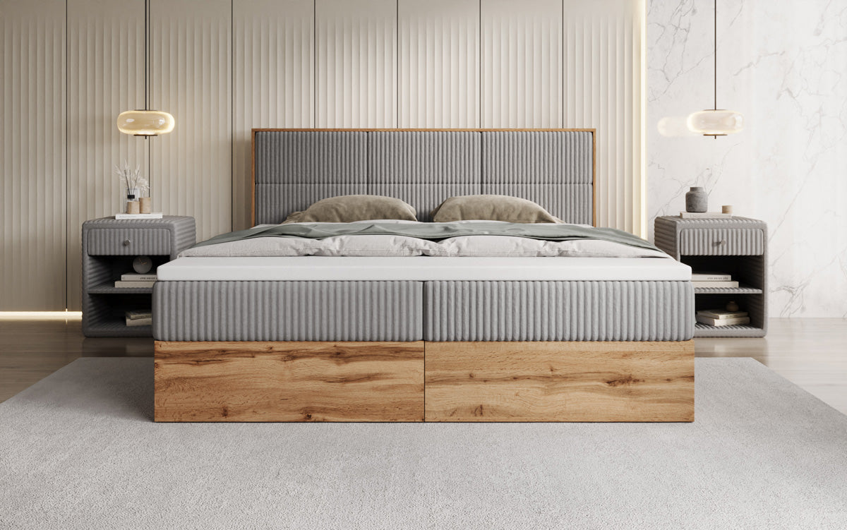 Lit boxspring Timber Panel en Côtelé avec espace de rangement