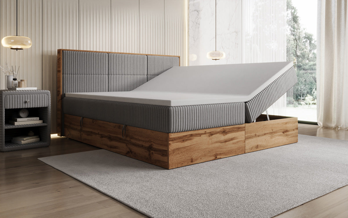 Lit boxspring Timber Panel en Côtelé avec espace de rangement