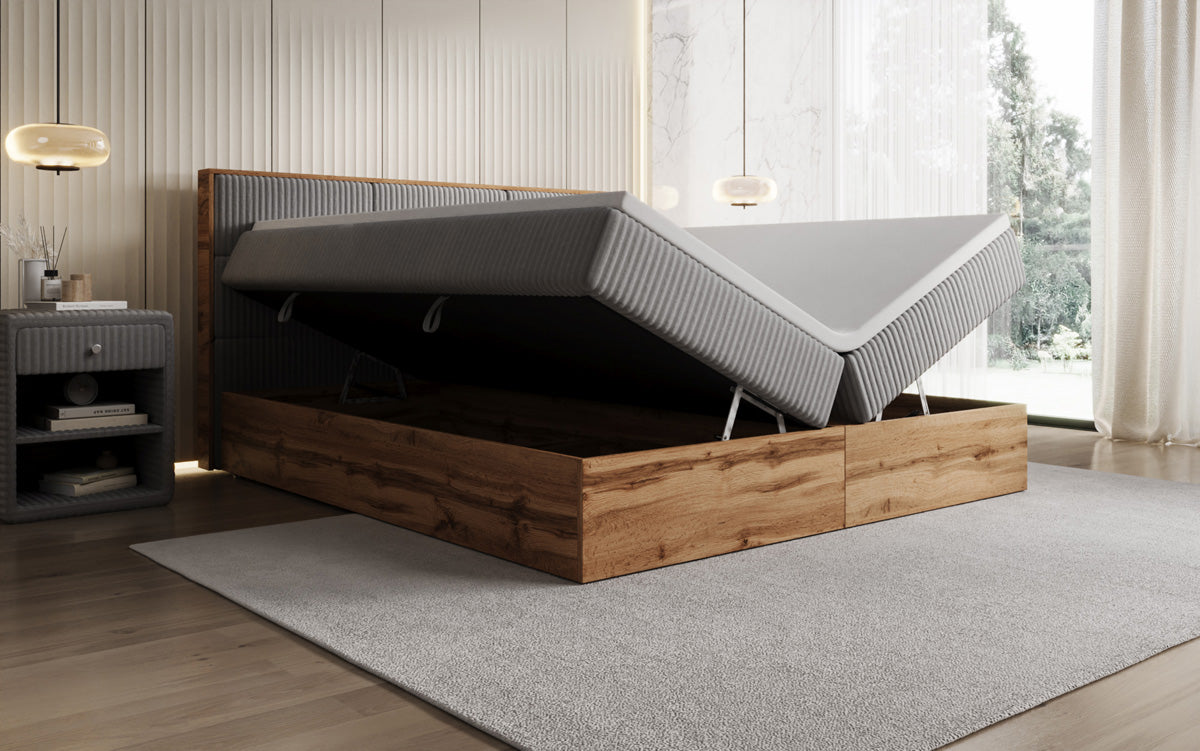Lit boxspring Timber Panel en Côtelé avec espace de rangement