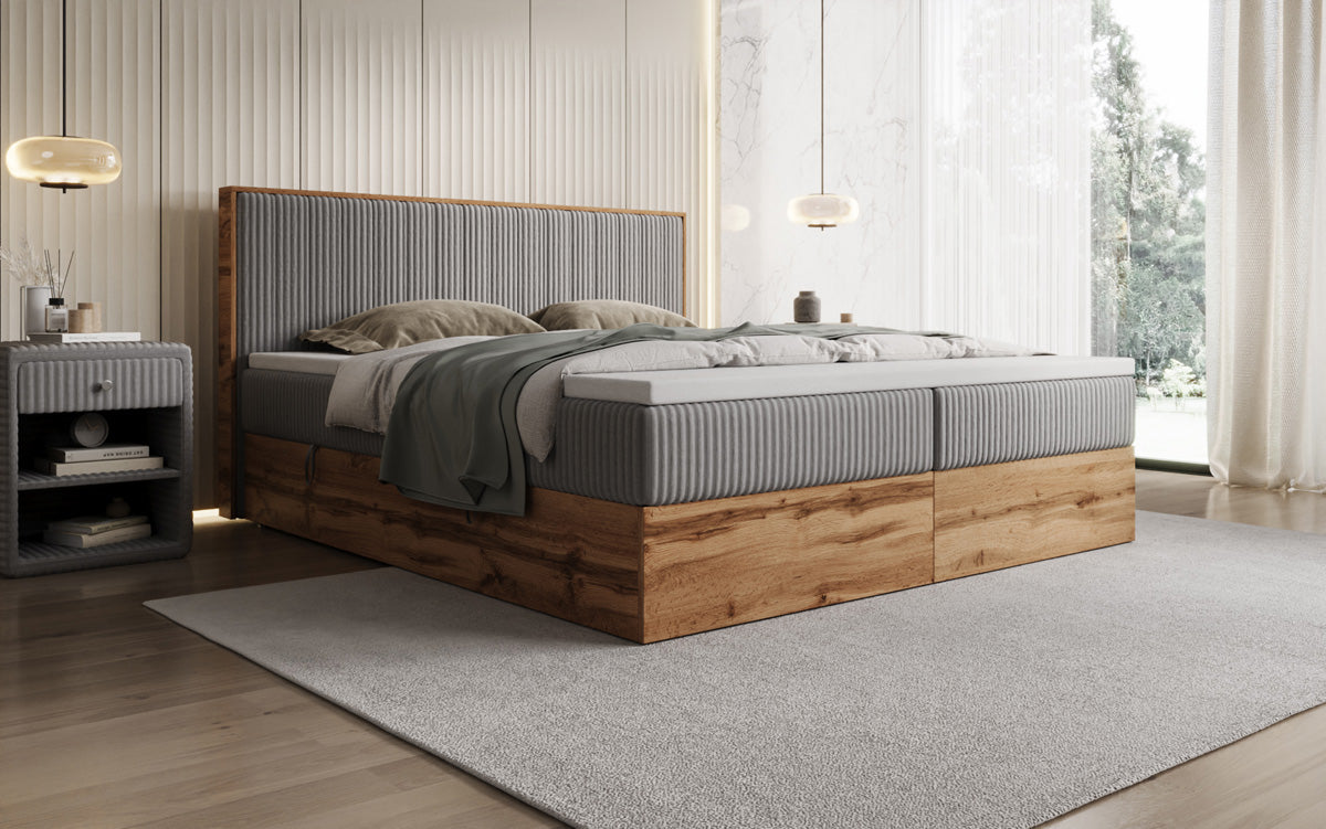 Lit boxspring Timber Line en Côtelé avec espace de rangement