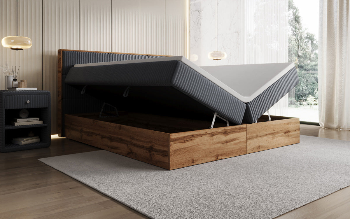 Lit boxspring Timber Panel en Côtelé avec espace de rangement