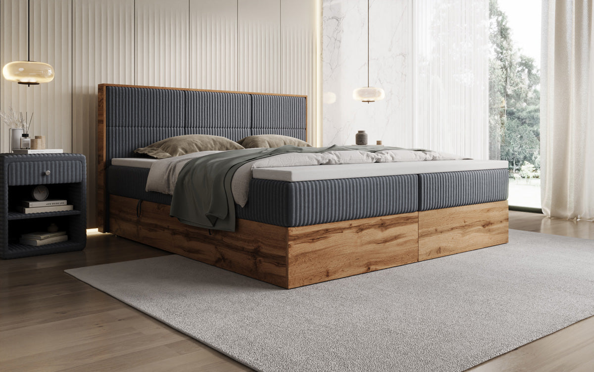 Lit boxspring Timber Panel en Côtelé avec espace de rangement