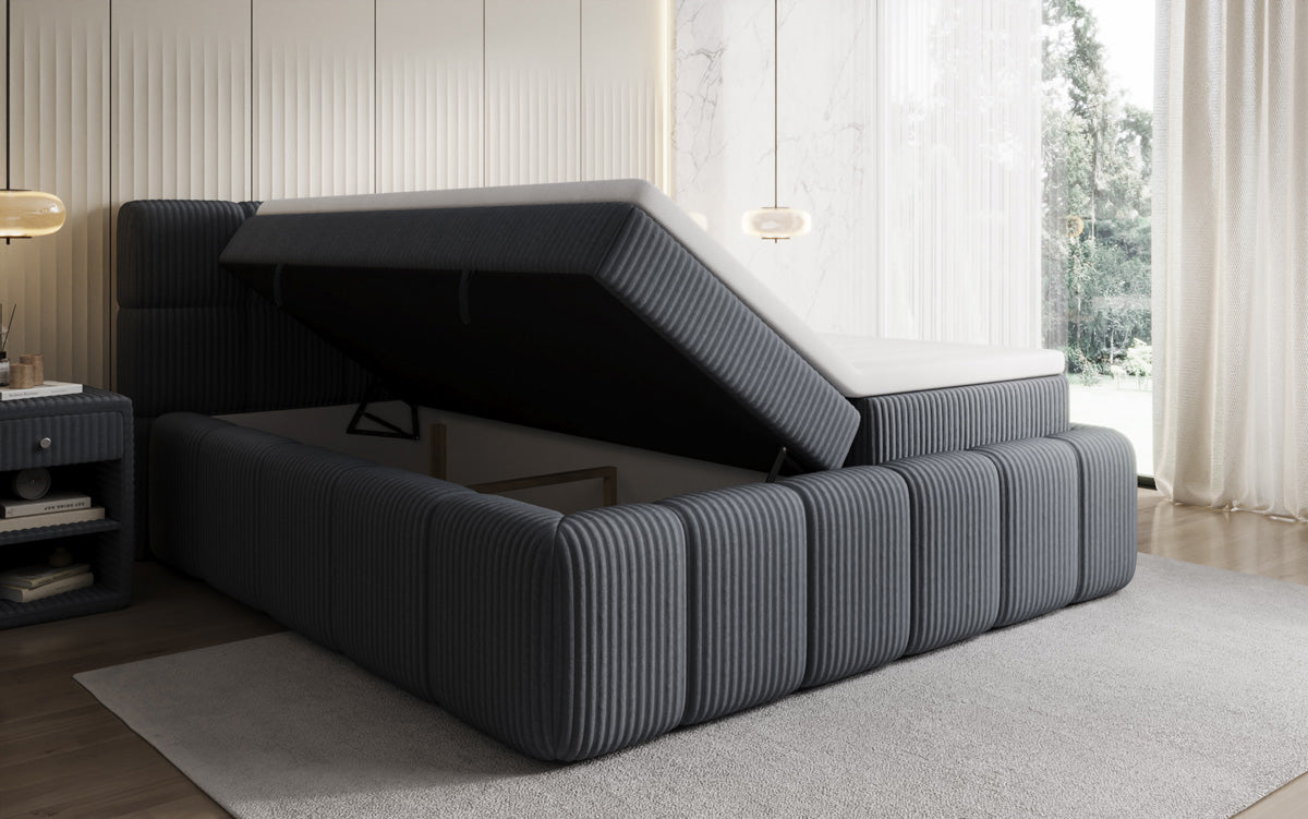Lit boxspring Bombo en Côtelé avec espace de rangement