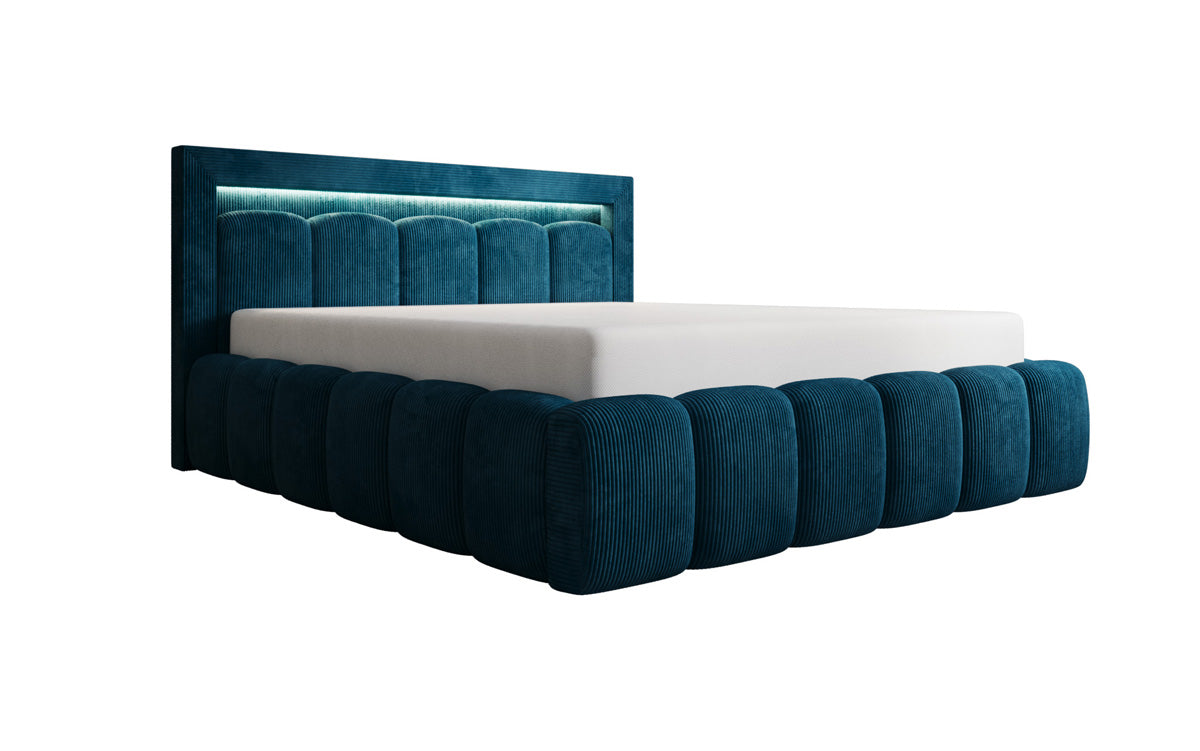 Designer Polsterbett Lume in Cord mit Stauraum und RGB Beleuchtung