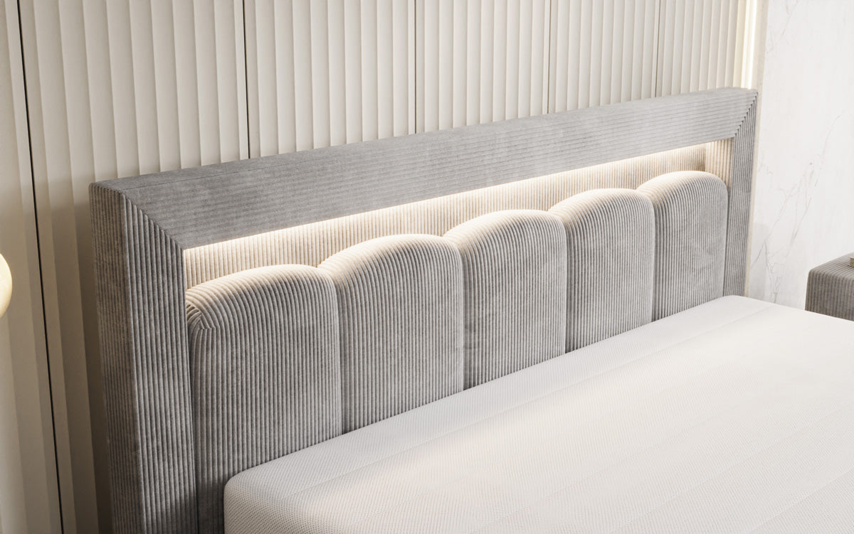 Designer Polsterbett Lume in Cord mit Stauraum und RGB Beleuchtung