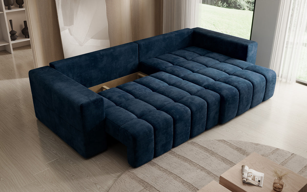 Canapé d’angle design Momo avec fonction couchage et rabattable en Côtelé