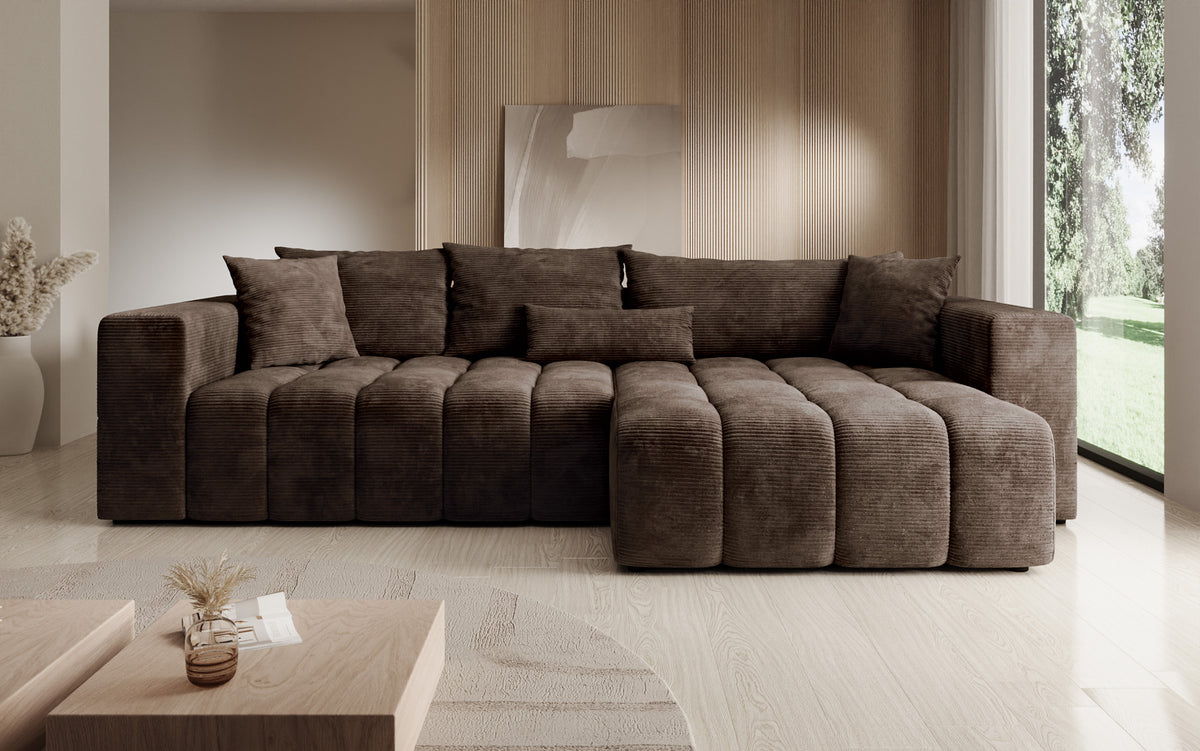Canapé d’angle design Momo avec fonction couchage et rabattable en Côtelé
