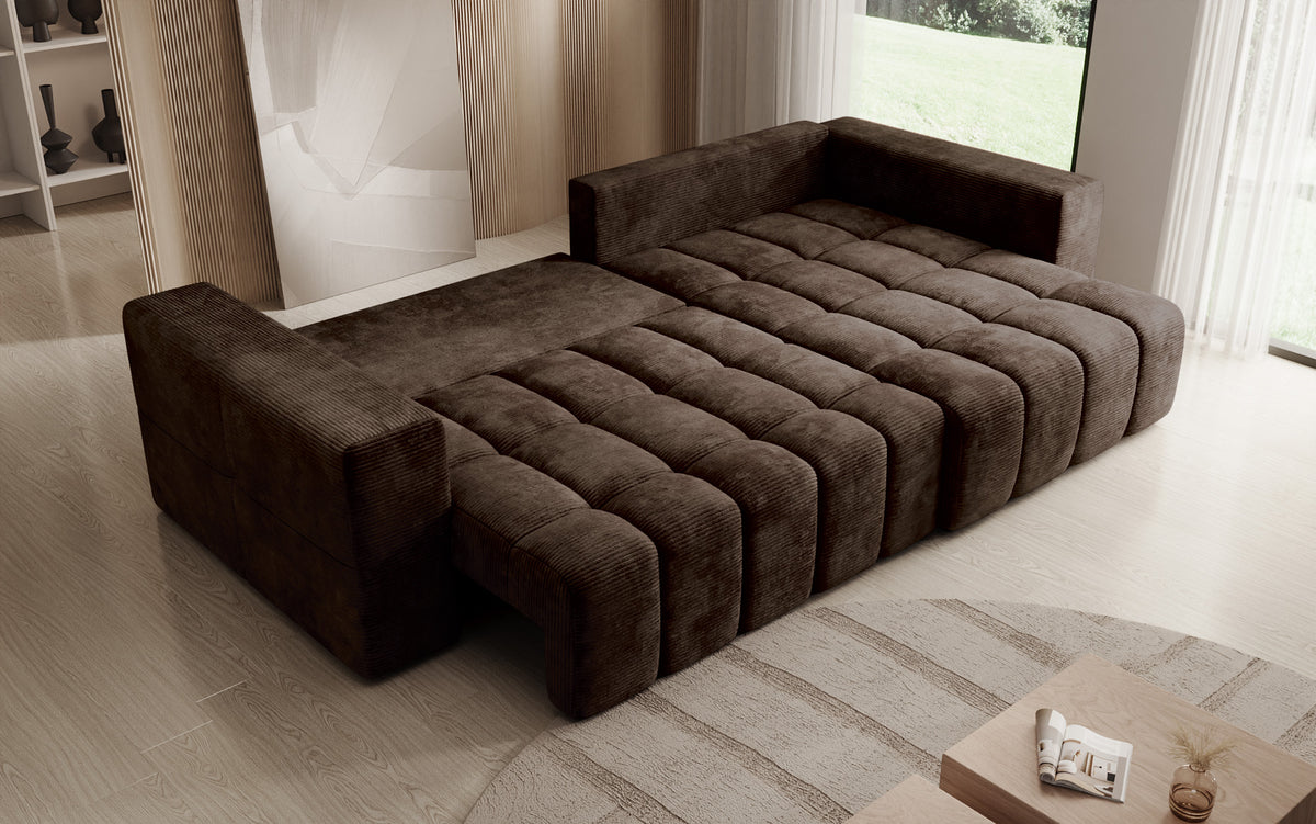 Canapé d’angle design Momo avec fonction couchage et rabattable en Côtelé